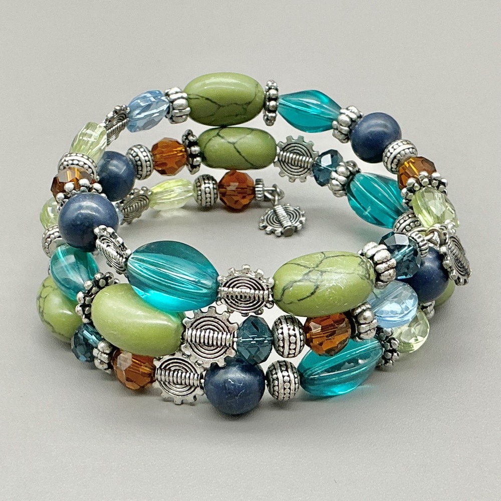 Premier Designs Wrap Bracelet Womens Multi Color Beaded Silver Tone Coil Jewelry